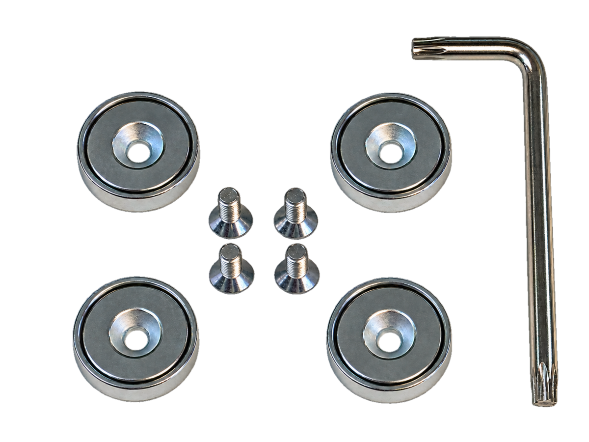 Four round mounting magnets, four screws, and an L-shaped wrench in the SAMME kit