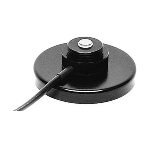 Black round magnetic antenna mount with attached coaxial cable
