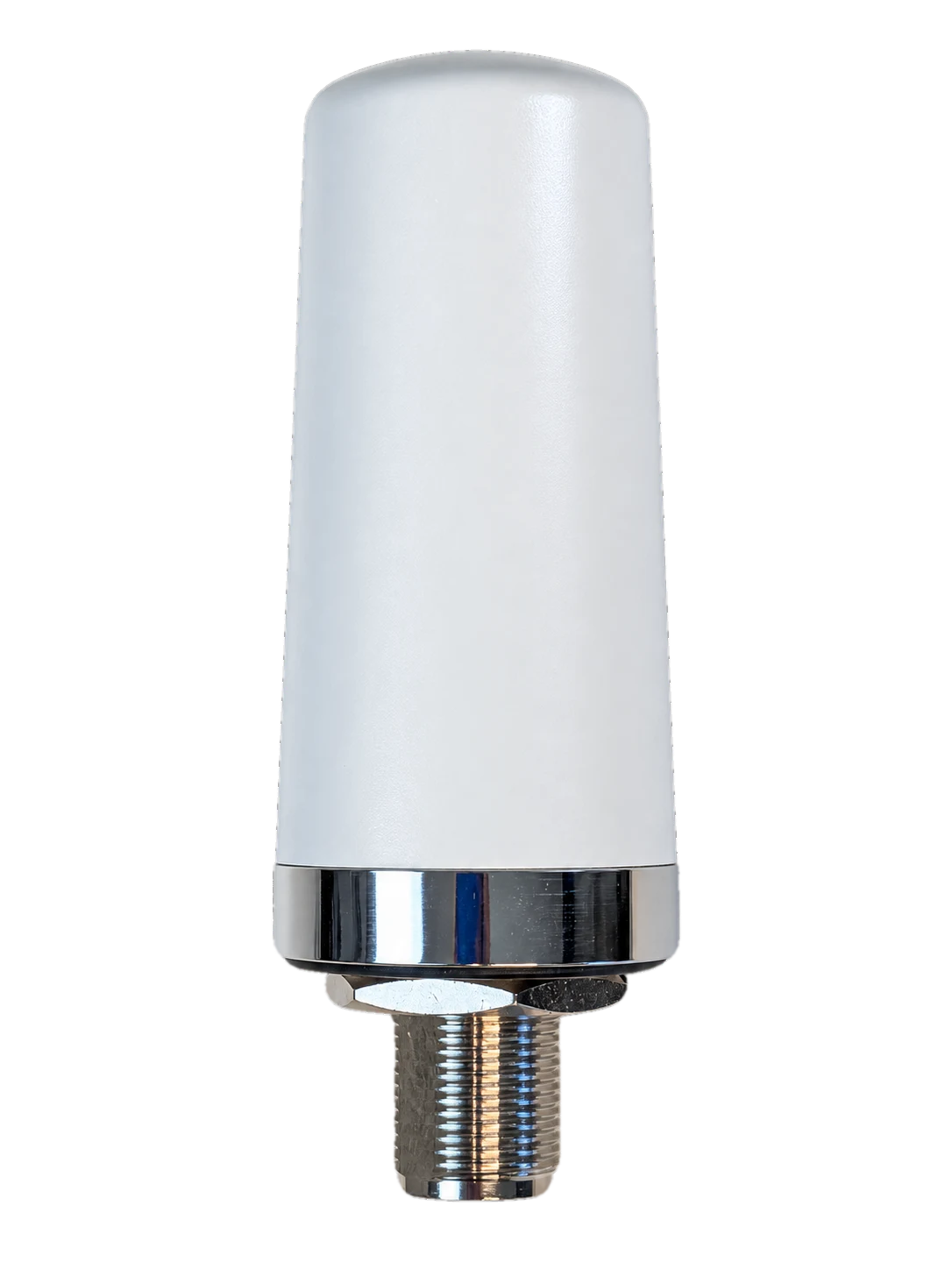 White low-profile antenna with chrome base and threaded stud mount