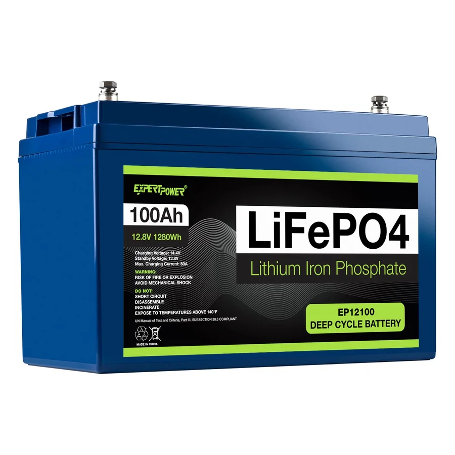 Blue 12.8 V 100 Ah lithium iron phosphate battery with carrying handles and M8 terminals