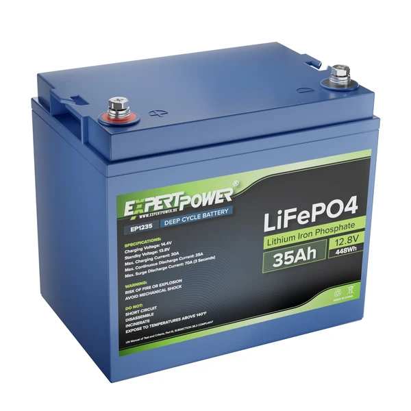 Blue 12.8 V 35 Ah lithium iron phosphate battery with M6 terminals