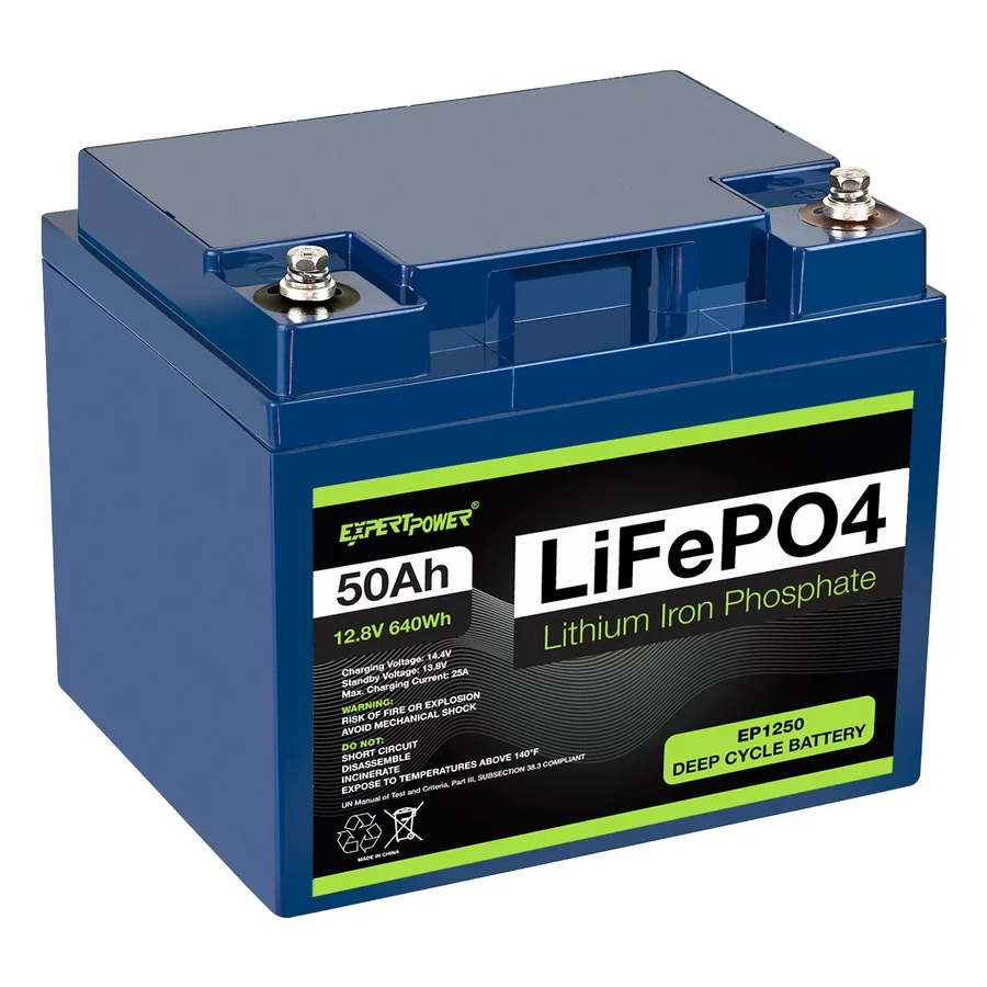 Blue 12.8 V 50 Ah lithium iron phosphate battery with M6 terminals