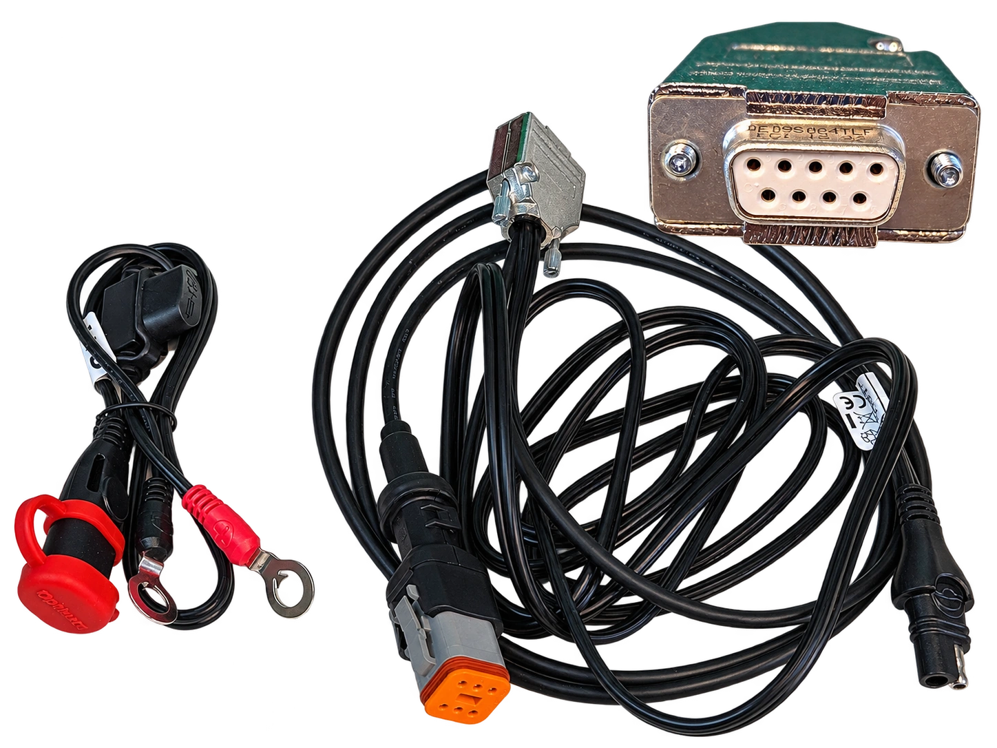 SCDT6D9F-SAE interface cable and battery leads with a Deutsch radio connector, SAE power connector, and an inset close-up of the D9 female data connector
