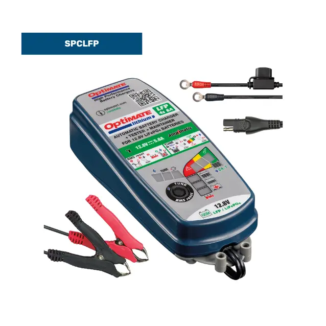 Automatic lithium iron phosphate battery charger with battery clips and quick-connect lead