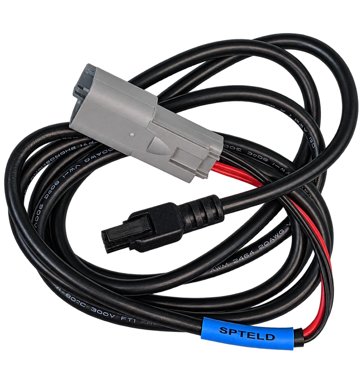 SPTELD coiled power cable with gray and black connectors and a blue part label
