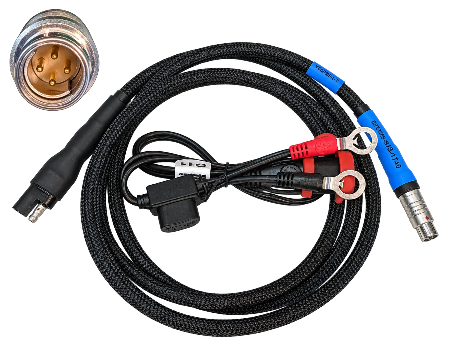 YC0P35A-T power cable with ring terminals, SAE connector, and close-up of the four-pin circular plug