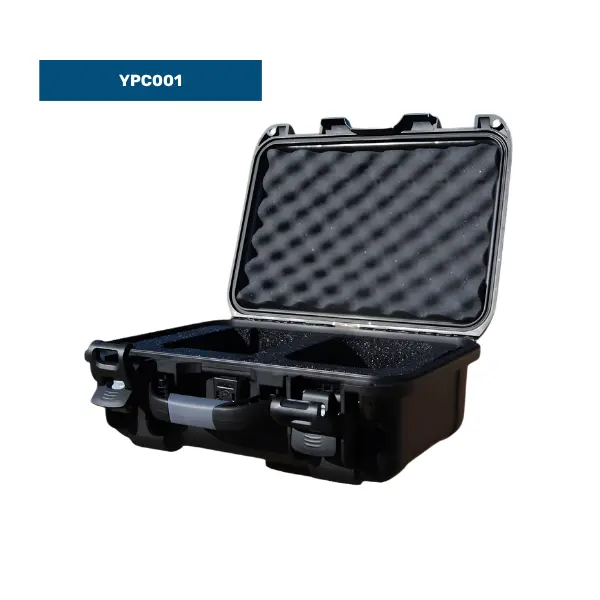 Open black hard transport case with fitted foam interior